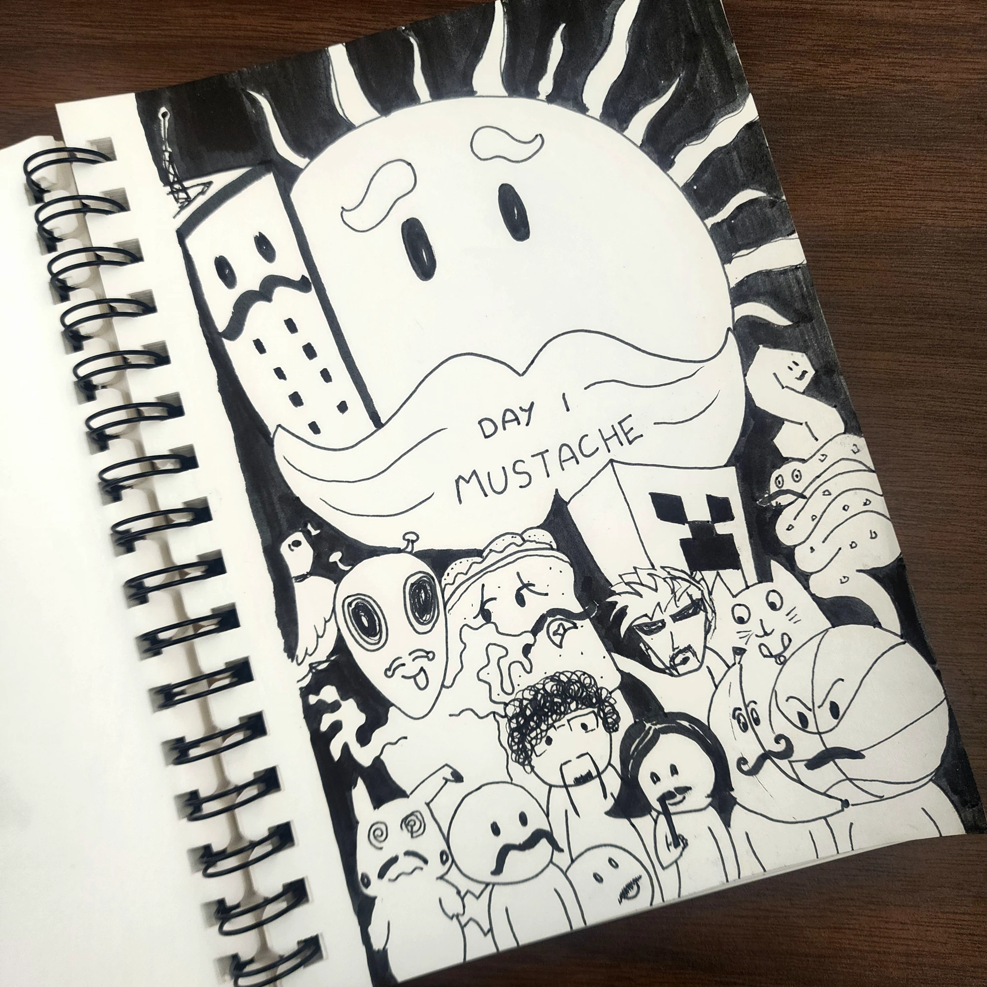 Sketchbook page filled with black-and-white drawings of moustached characters.